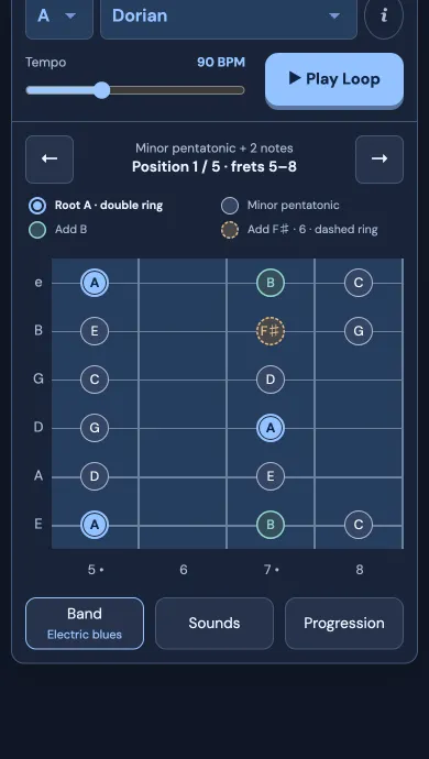 Jam on a phone: Play Loop, tempo and one neck position