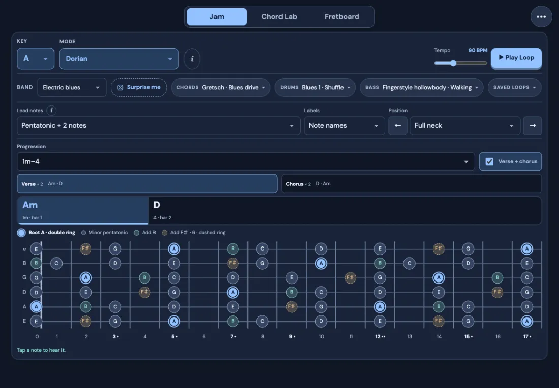 Jam on a tablet: the full 0–17 fretboard with the band, lead-note and progression controls above it
